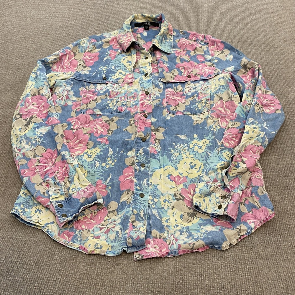 Guess Shirt Womens Small Blue Floral Snap Button Front Lyocell Western Top